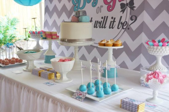gender reveal dessert table and backdrop of boy or girl